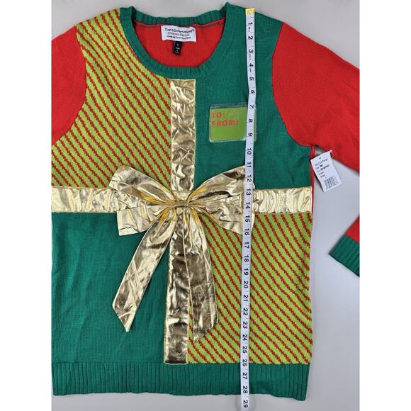 Tacky Christmas Sweater Womens L Gift Wrap Bow Red Green Gold Holiday NWT - Picture 6 of 9